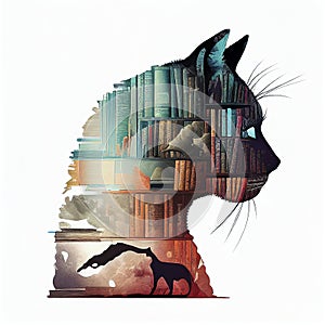 A cat\'s head and a set of books in a double exposure. The concept of development, learning and knowledge. Ai generative