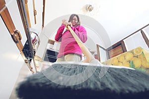 Cat's prospective. A woman drives away a cat from the kitchen. photo