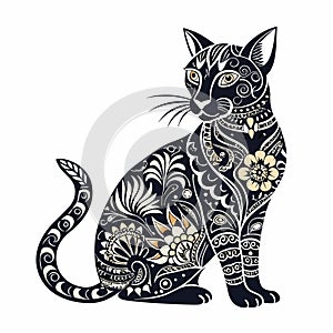 A cat\'s silhouette filled with intricate floral patterns. photo
