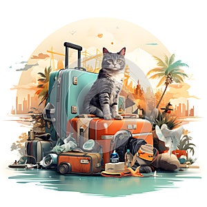 the cat\'s sitting on the suitcases