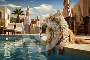 Cat's Ultimate Vacation by the Swimming Pool. Generative By Ai