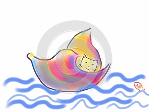 Cat sailing in a colorful shell on the water