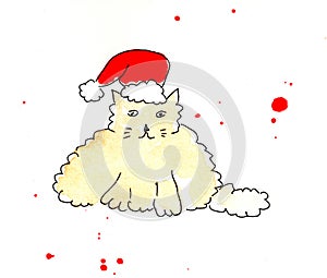 Cat in Santa Claus hat, pet. Watercolor illustration on a winter theme, congratulations