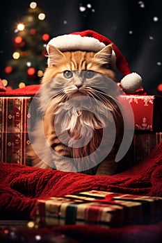 Cat with a Santa hat and Christmas presents