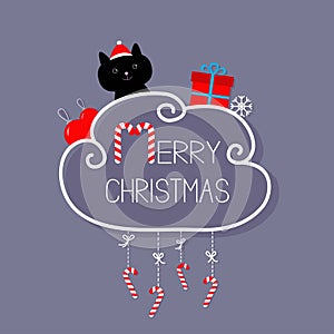 Cat in Santa hat, giftbox, snowflake, ball. Merry Christmas card. Hanging Candy Cane. Dash line with bow. Flat design.