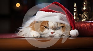 cat in a Santa hat sleeps on a pillow, New Year\'s background