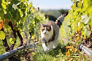 cat sauntering past wine barrels in a vineyard photo