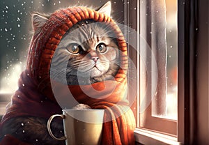 Cat with a scarf on its head sitting on a windowsill with a mug. Wintertime. Created with Generative AI