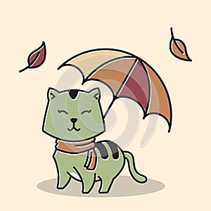 Cat Scarf Standing Smiling Umbrella Autumn Fall Season Cartoon