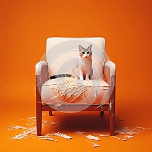 cat Scratched chair or sofa on orange background with space for copy