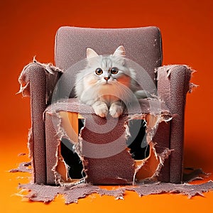 cat Scratched chair or sofa on orange background with space for copy