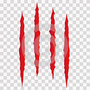 Cat scratches. Animal claws marks in red. Monster or dinosaur attack slash stripes on transparent background. Vector