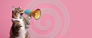 Cat screams into a megaphone on a pink background. Pet with a loudspeaker. Creative concept banner for advertisement design.