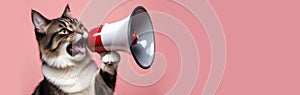 Cat screams into a megaphone on a pink background. Pet with a loudspeaker. Creative concept banner for advertisement design.