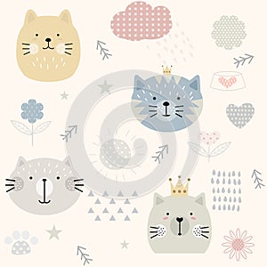 Cat seamless pattern, cartoon style