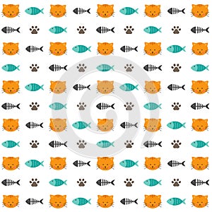 Cat seamless pattern, cute kitten fish, and fishbone, cartoon background, vector, illustration