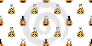 Cat seamless pattern Halloween pumpkin kitten vector repeat wallpaper ghost scarf isolated tile background cartoon character illus