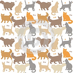 Cat seamless pattern. Kitten vector isolated background. Funny cats different breeds color pattern.