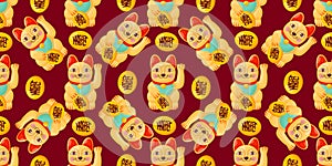 Cat seamless pattern lucky cat japan Maneki Neko vector kitten calico scarf isolated repeat background tile wallpaper