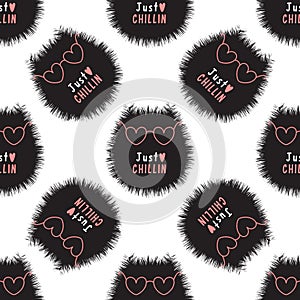 Cat seamless pattern with pink glasses and text just chillin in