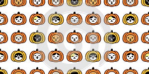 Cat seamless pattern pumpkin Halloween bone skull vector head jack o lantern kitten calico tile background scarf isolated cartoon