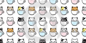 Cat seamless pattern vector kitten coffee cup calico breed scarf isolated cartoon tile wallpaper repeat background illustration pa