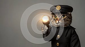 Cat in Security Guard Uniform with Flashlight