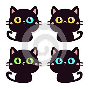 Cat set. Black silhouette icon. Kitten with big yellow, blue, green eyes. Cute face head. Cartoon pet baby character. Pink ears,