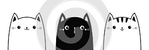 Cat set. Black White head face line contour silhouette icon. Funny kawaii doodle animal. Cute cartoon funny character. Three