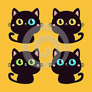 Cat set. Cute face head. Black silhouette icon. Kitten with big yellow, blue, green eyes. Cartoon pet baby character. Pink ears,