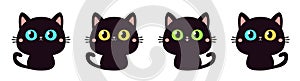 Cat set line. Kitten with big yellow, blue, green eyes. Black silhouette icon. Cute face head. Cartoon pet baby character. Pink