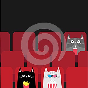 Cat set in movie theater eating popcorn, french fries, soda. Cute cartoon character. Film show Cinema. Viewer kitten watching