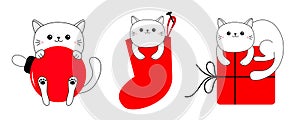 Cat set. Red Merry Christmas ball, gift box, Santa Claus stocking sock. Cute cartoon funny character. Giftbox bow. Funny kawaii