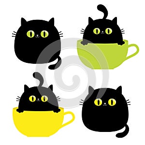 Cat set in tea coffee cup. Yellow green eyes, paw hands, tail. Black silhouette. Cute cartoon funny character. Baby pet animal