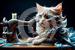 cat sews on a sewing machine