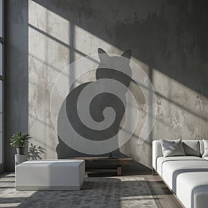 Cat Shadow on Concrete Wall with Sunlight in Modern Interior