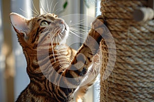 cat sharpening claws on a scratching post