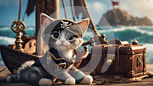 cat on the ship _A whimsical kitten with a pirate hat, boldly facing stormy sea waves in a boat photo