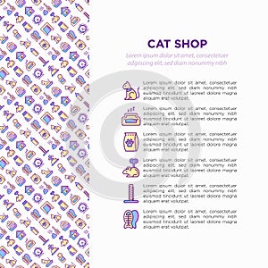 Cat shop concept with thin line icons: bags for transportation, hygiene, collars, doors, toys, feeders, scratchers, litter, shack