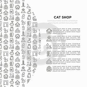 Cat shop concept with thin line icons: bags for transportation, hygiene, collars, doors, toys, feeders, scratchers, litter, shack