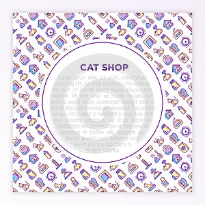 Cat shop concept with thin line icons: bags for transportation, hygiene, collars, doors, toys, feeders, scratchers, litter, shack