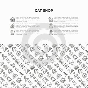 Cat shop concept with thin line icons: bags for transportation, hygiene, collars, doors, toys, feeders, scratchers, litter, shack