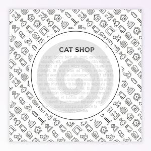 Cat shop concept with thin line icons: bags for transportation, hygiene, collars, doors, toys, feeders, scratchers, litter, shack