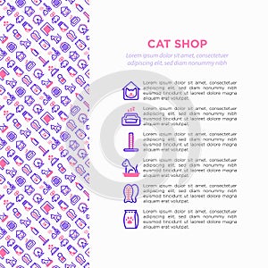 Cat shop concept with thin line icons: bags for transportation, hygiene, collars, doors, toys, feeders, scratchers, litter, shack