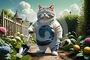 cat with a shovel works on his site.
