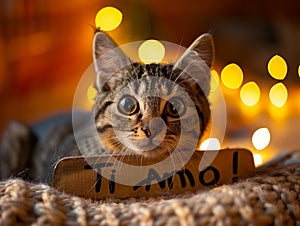 A cat with a sign that says ti amo photo