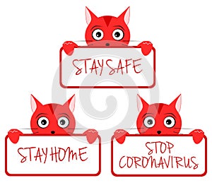 Cat with signs, Coronavirus, cartoon, isolated.