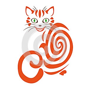 Cat silhouette drawn by curls in orange color. Logo animal cat