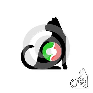 Cat silhouette with stomach symbol. Pet animals food balance concept logo.