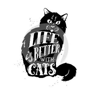 Cat silhouette. Vector illustration of cute cat silhouette with quote Home is where your cat is